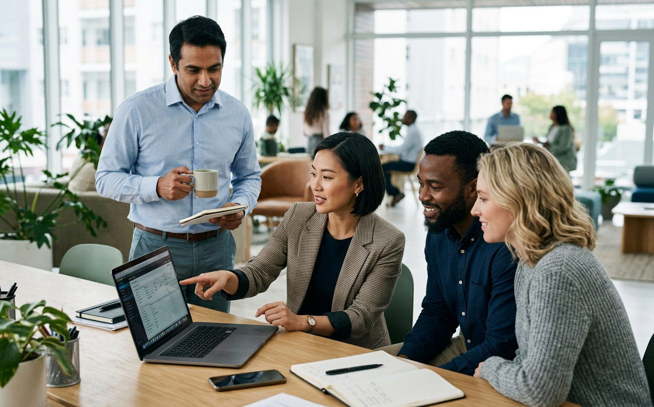 A Cobuild consultant walking an international team through a tool on a laptop in a bright office